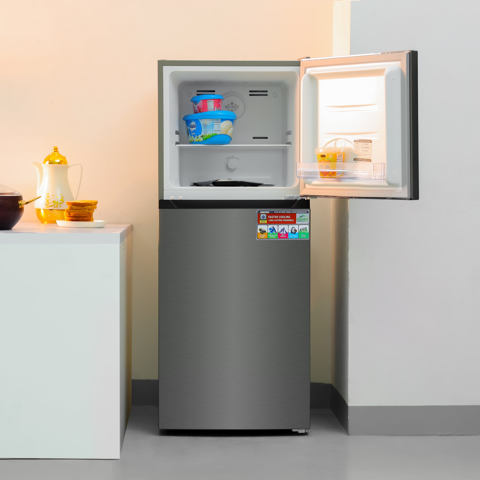 Double Door Total No Frost Refrigerator , 180L Gross Capacity (Freezer 49L / Refrigerator 131 L) - Multi-Airflow Cooling, LED Lighting, Unbreakable Glass Shelves, Large Crisper, Adjustable Thermostat GRF2522SXN Metallic Grey