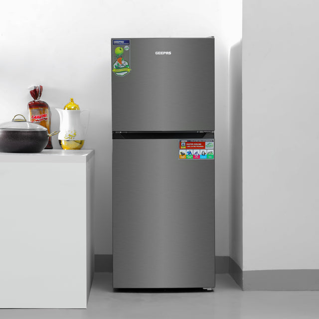 Double Door Total No Frost Refrigerator , 180L Gross Capacity (Freezer 49L / Refrigerator 131 L) - Multi-Airflow Cooling, LED Lighting, Unbreakable Glass Shelves, Large Crisper, Adjustable Thermostat GRF2522SXN Metallic Grey