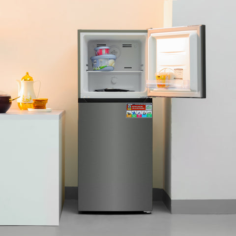 Double Door Total No Frost Refrigerator , 180L Gross Capacity (Freezer 49L / Refrigerator 131 L) - Multi-Airflow Cooling, LED Lighting, Unbreakable Glass Shelves, Large Crisper, Adjustable Thermostat GRF2522SXN Metallic Grey