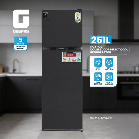 Total No Frost Double Door Refrigerator - 251L Gross Capacity (53L Freezer / 198L Refrigerator) - Stainless Steel Finish - Long Lasting Freshness - Multi Air Flow - Recessed Handle - Glass Shelves - High-Quality Tempered Glass Shelves GRF3309SSXN Black