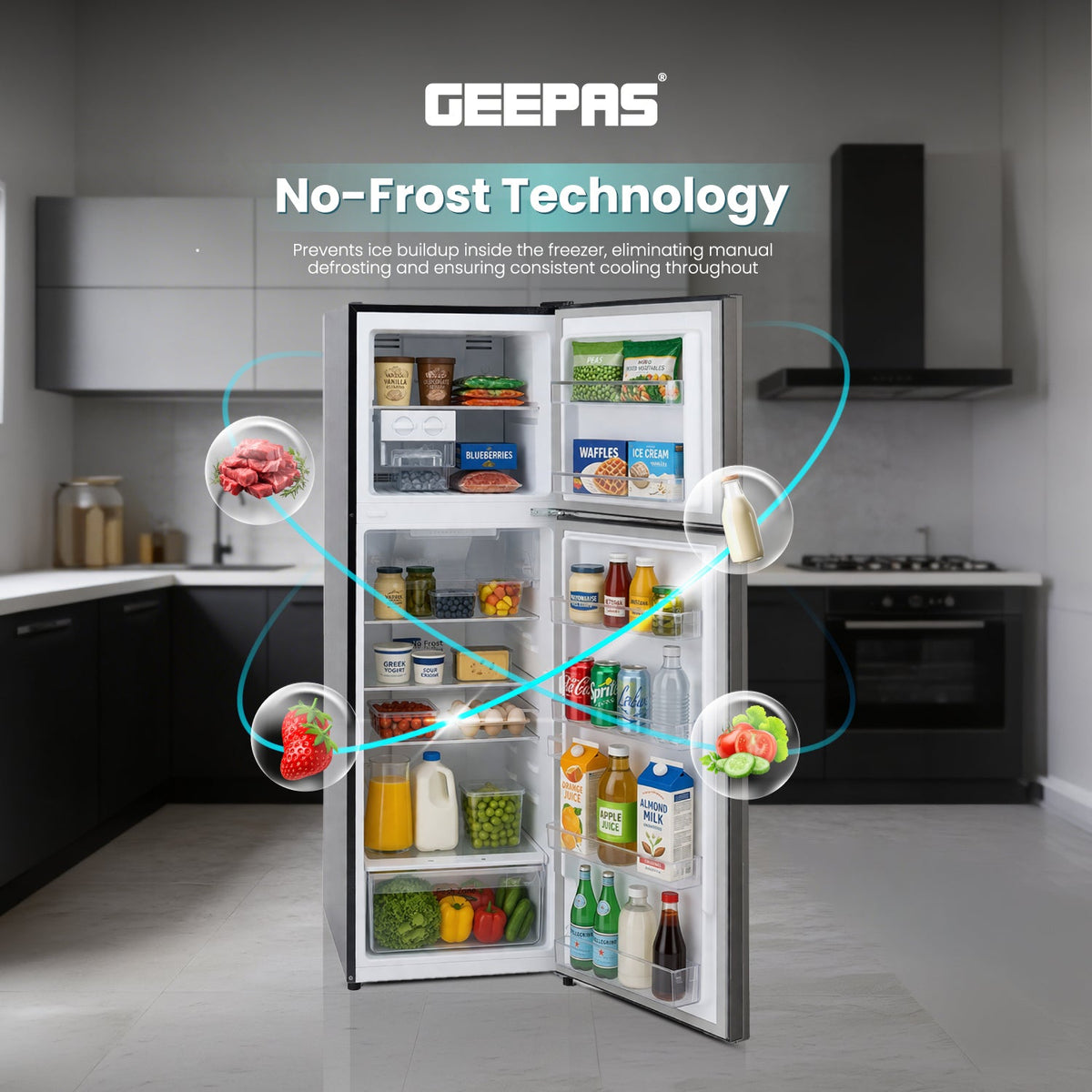 ثلاجة ببابين مع خاصية منع تكون الثلج (Total No Frost) - سعة إجمالية 251 لتر (53 لتر للمجمد / 198 لتر للثلاجة) - هيكل من الستانلس ستيل - نضارة تدوم طويلاً - تدفق هواء متعدد - مقبض مدمج - أرفف زجاجية - أرفف زجاجية مقسّاة عالية الجودة GRF3309SSXN أسود