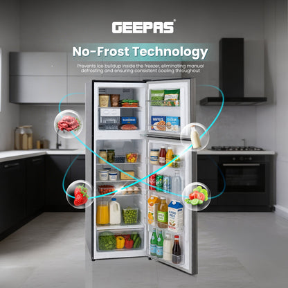 ثلاجة ببابين مع خاصية منع تكون الثلج (Total No Frost) - سعة إجمالية 251 لتر (53 لتر للمجمد / 198 لتر للثلاجة) - هيكل من الستانلس ستيل - نضارة تدوم طويلاً - تدفق هواء متعدد - مقبض مدمج - أرفف زجاجية - أرفف زجاجية مقسّاة عالية الجودة GRF3309SSXN أسود