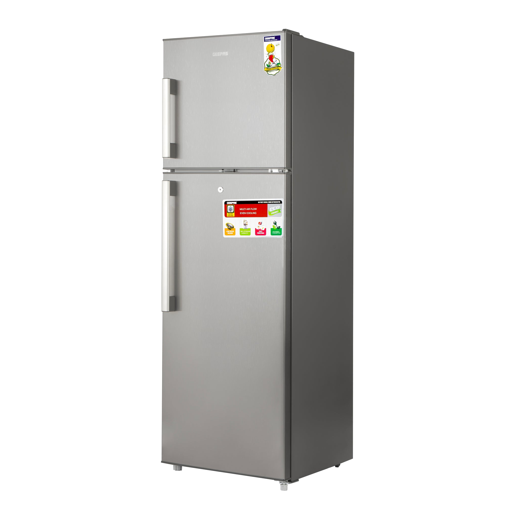Total No Frost Double Door Refrigerator - 251L Gross Capacity (53L Freezer / 198L Refrigerator) - Stainless Steel Finish - Long Lasting Freshness - Multi Air Flow - Recessed Handle - Glass Shelves - High-Quality Tempered Glass Shelves GRF3309SSXN Silver