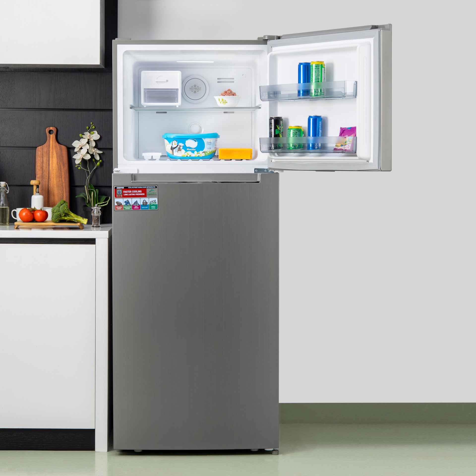 Double Door No-Frost Refrigerator - 420L Gross Capacity (Freezer 95L/Refrigerator 325L), Multi-Airflow with Digital Temperature Control/ LED Interior Light and Unbreakable Glass Shelves/Large Crisper Drawer and Humidity Control 130 W GRF5202SXHN Silver