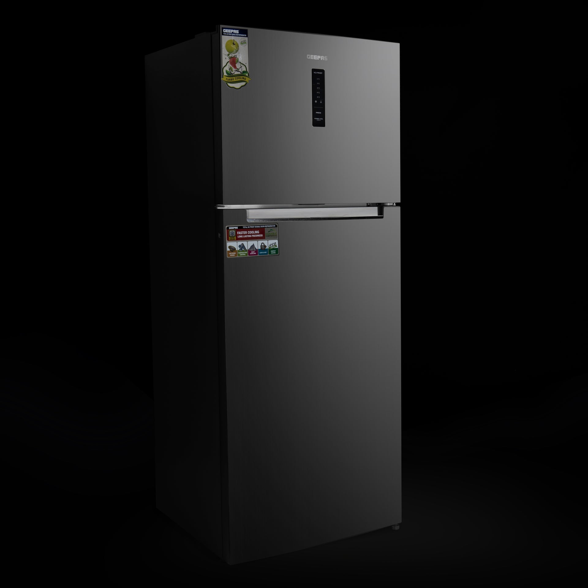 Double Door No-Frost Refrigerator - 420L Gross Capacity (Freezer 95L/Refrigerator 325L), Multi-Airflow with Digital Temperature Control/ LED Interior Light and Unbreakable Glass Shelves/Large Crisper Drawer and Humidity Control 130 W GRF5202SXHN Silver