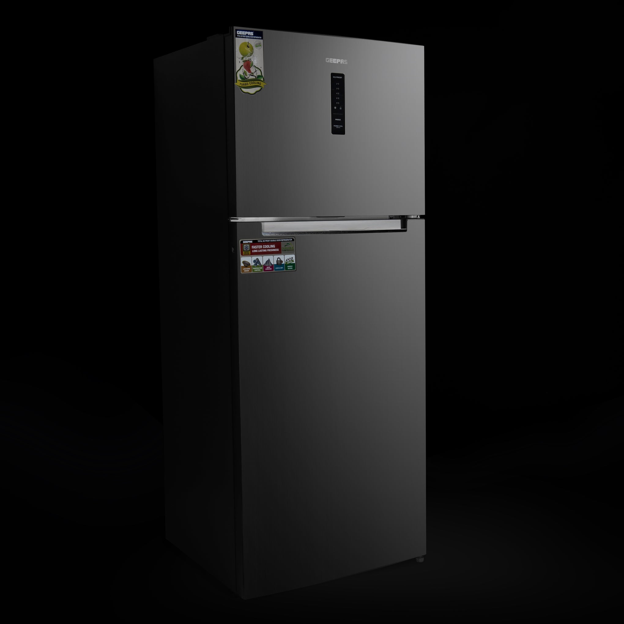 Double Door No-Frost Refrigerator - 420L Gross Capacity (Freezer 95L/Refrigerator 325L), Multi-Airflow with Digital Temperature Control/ LED Interior Light and Unbreakable Glass Shelves/Large Crisper Drawer and Humidity Control 130 W GRF5202SXHN Silver