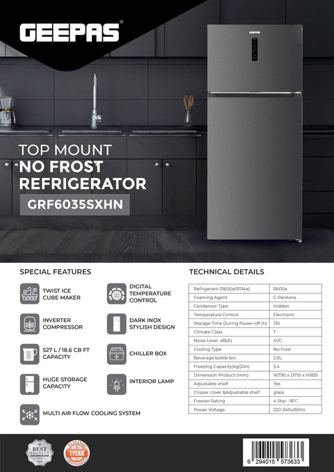 Large 527L Double Door Refrigerator: No-Frost, Inverter, Twist Ice & Digital Temp" GRF6035SXHN Grey