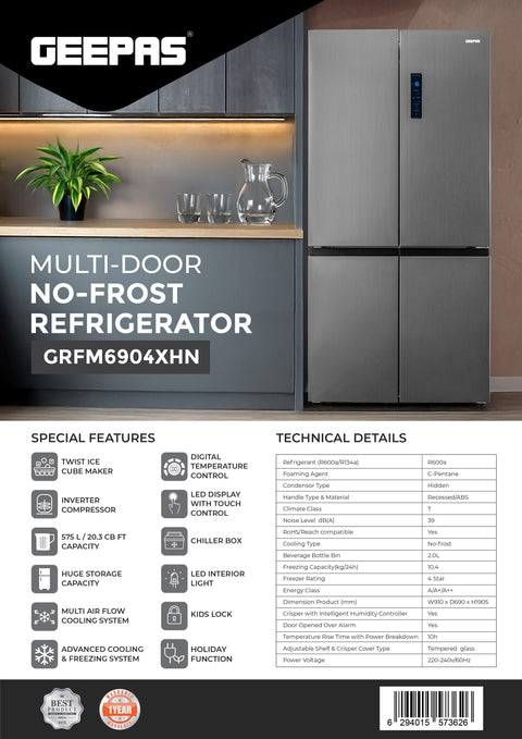 575L Multi-Door No-Frost Refrigerator with Inverter Compressor: 154L Freezer & 421L Refrigerator, Multi-Airflow Cooling, Smart Functions (Holiday Mode, Kids Lock), Interior Light, and Unbreakable Glass Shelves GRFM6904XHN Black