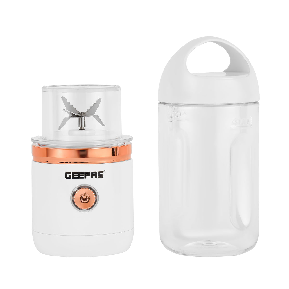 Rechargeable Portable Juicer With Stainless Steel Six Blades, 1 Motor Base, 1 Tritan Bottle, 1 Blade Cover, 1 Bottle Cover, Type C 0.5m  Cable, Safety Protection Switch 420 ml 150 W GSB44058 White