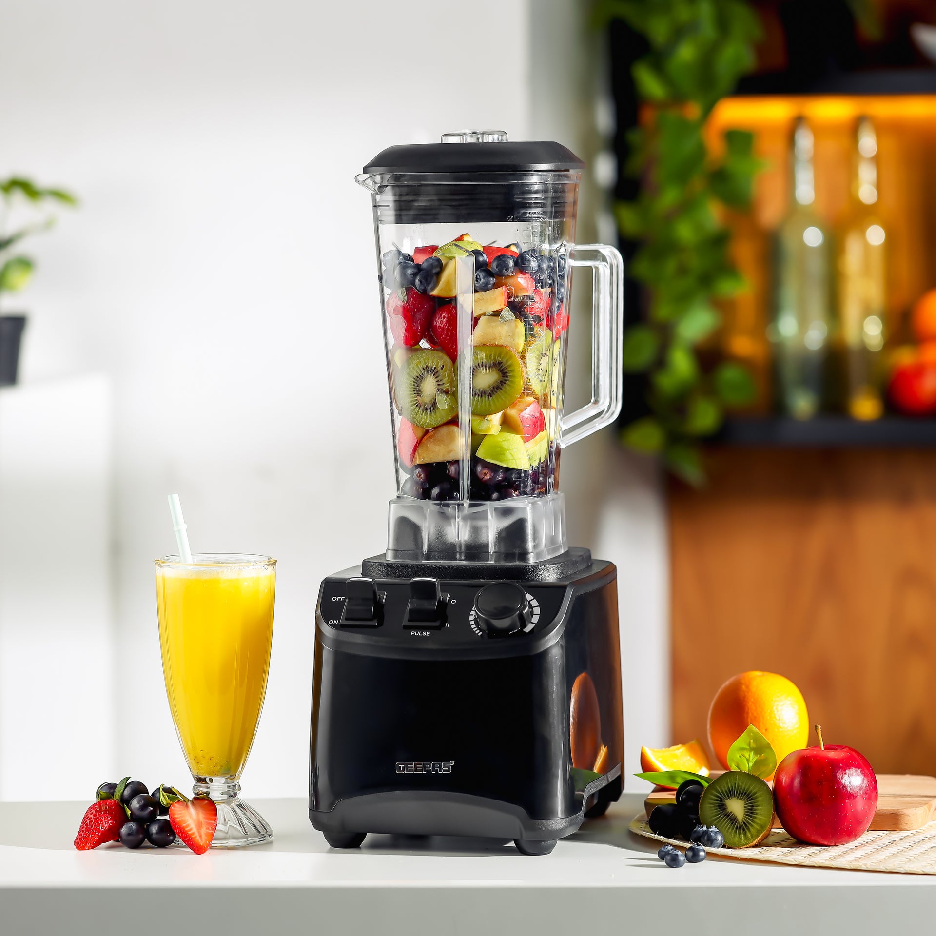 Geepas Professional Blender, 1800W Powerful Motor, GSB44078 - Countertop Blender for Milkshake Fruit Smoothie Maker 2L, Stainless Steel 6 Leave Blade, 2 Years Warranty, Black