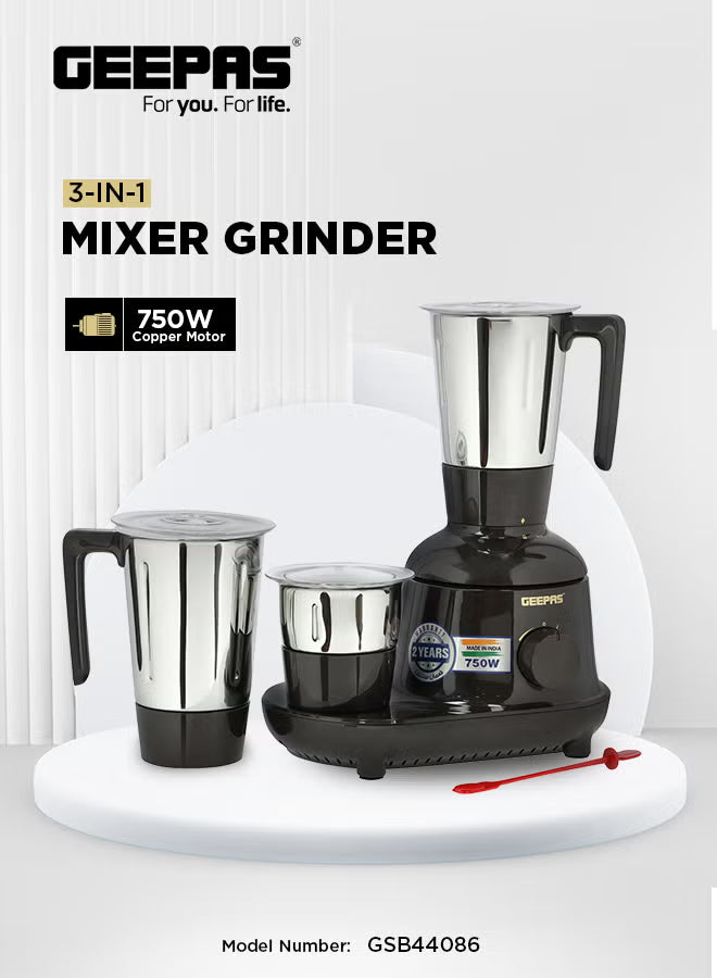 Geepas 3-in-1 Mixer Grinder 750W GSB44086 – Stainless Steel Jars & Blades, 3-Speed, Safety Twist Lock