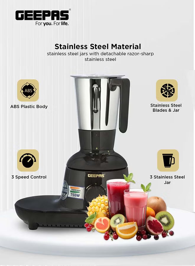 Geepas 3-in-1 Mixer Grinder 750W GSB44086 – Stainless Steel Jars & Blades, 3-Speed, Safety Twist Lock