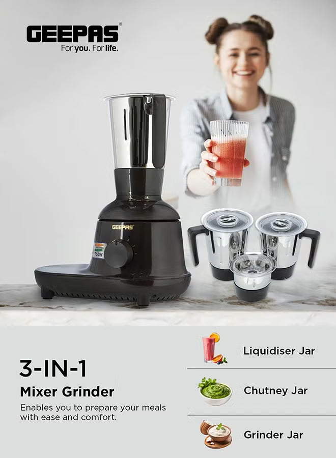 Geepas 3-in-1 Mixer Grinder 750W GSB44086 – Stainless Steel Jars & Blades, 3-Speed, Safety Twist Lock