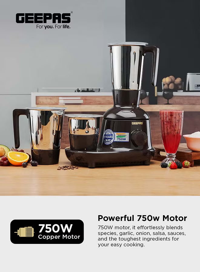 Geepas 3-in-1 Mixer Grinder 750W GSB44086 – Stainless Steel Jars & Blades, 3-Speed, Safety Twist Lock