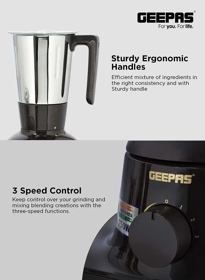 Geepas 3-in-1 Mixer Grinder 750W GSB44086 – Stainless Steel Jars & Blades, 3-Speed, Safety Twist Lock