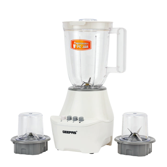 3-in-1 Blender & Grinder – 400W Motor, 1.5L Unbreakable PC Jar, 2-Speed Control with Pulse, Stainless Steel Blades, 2 Grinding Attachments, White