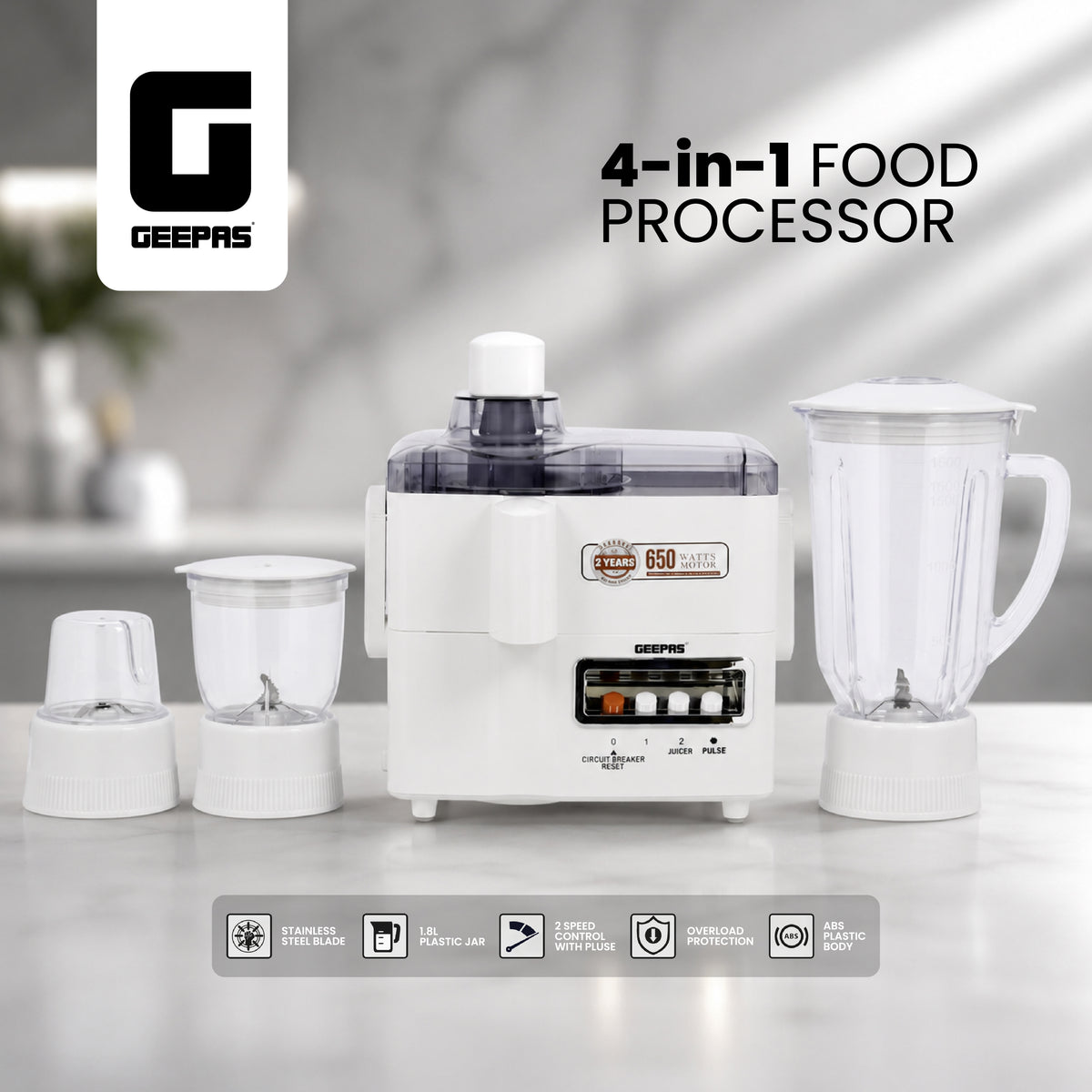 4-in-1 Food Processor – 650W Blender, Grinder & Mincer with 1.8L Jar, Stainless Steel Blades, 2-Speed Control with Pulse, Overheat & Overload Protection, White