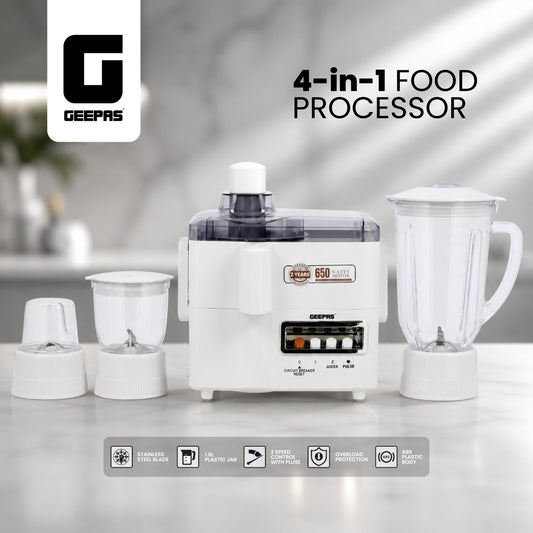 4-in-1 Food Processor – 650W Blender, Grinder & Mincer with 1.8L Jar, Stainless Steel Blades, 2-Speed Control with Pulse, Overheat & Overload Protection, White