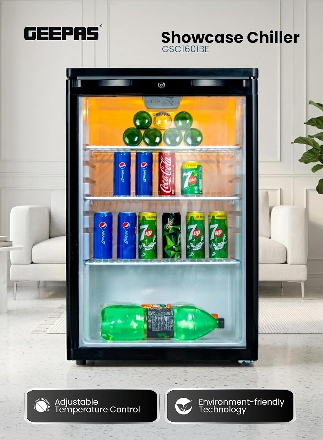 CFC Free Showcase Chiller with Compact Handle and Adjustable Thermostat 165 L 550 W GSC1601BE Black