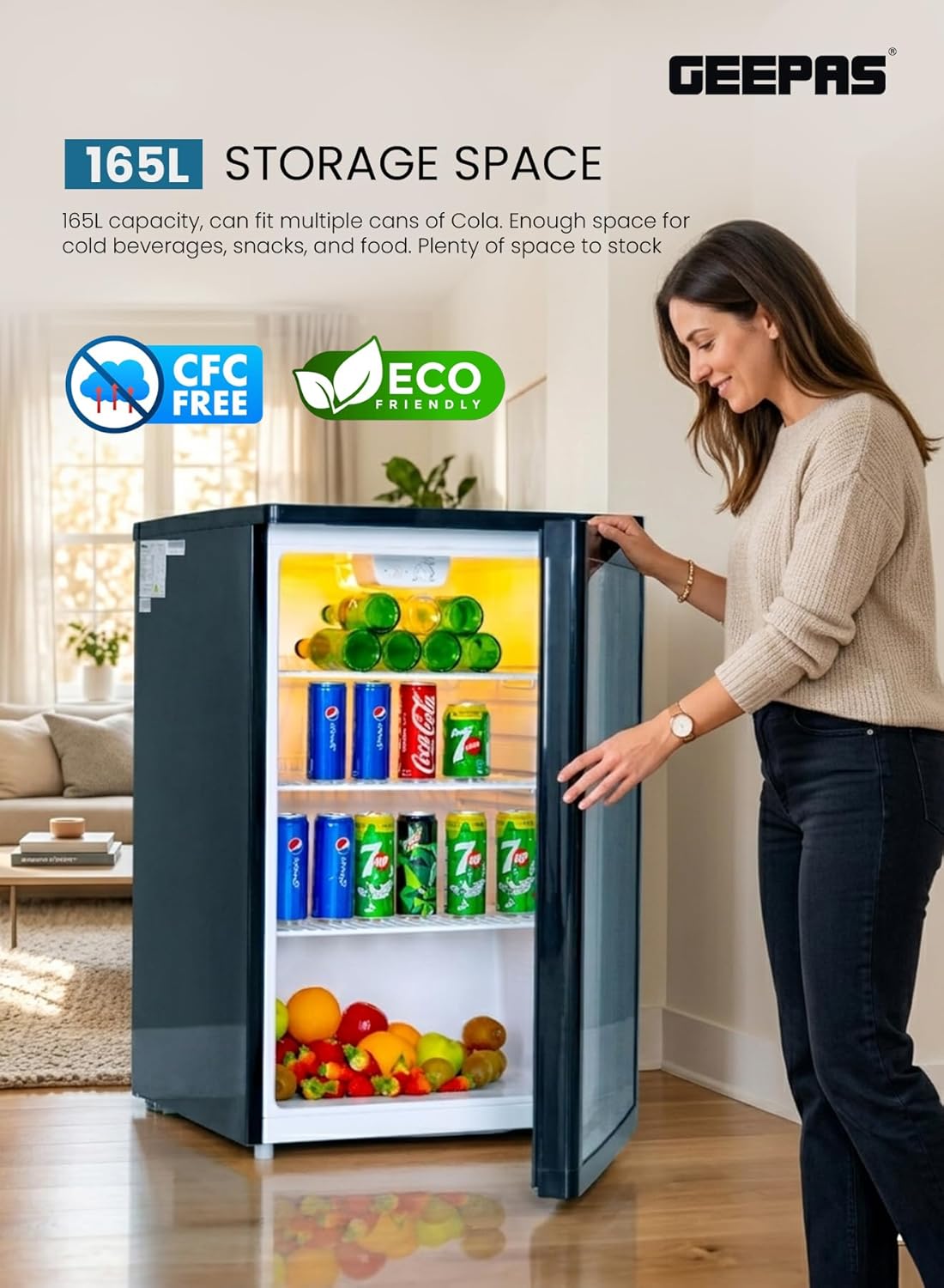 CFC Free Showcase Chiller with Compact Handle and Adjustable Thermostat 165 L 550 W GSC1601BE Black