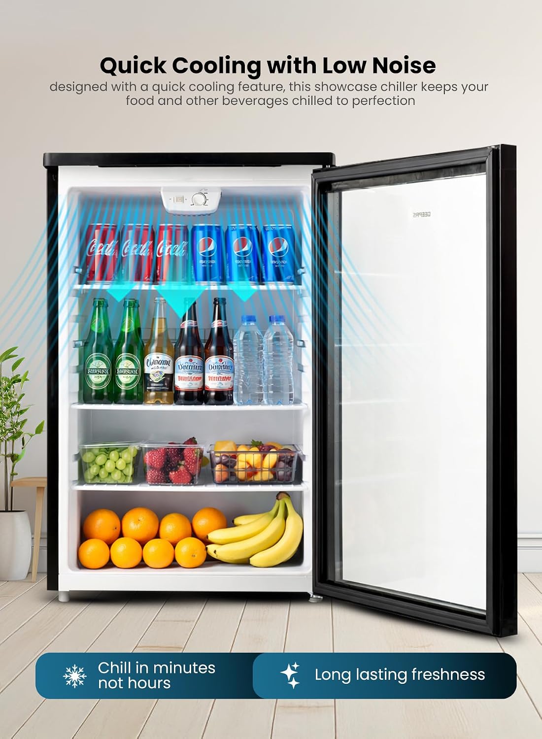 CFC Free Showcase Chiller with Compact Handle and Adjustable Thermostat 165 L 550 W GSC1601BE Black