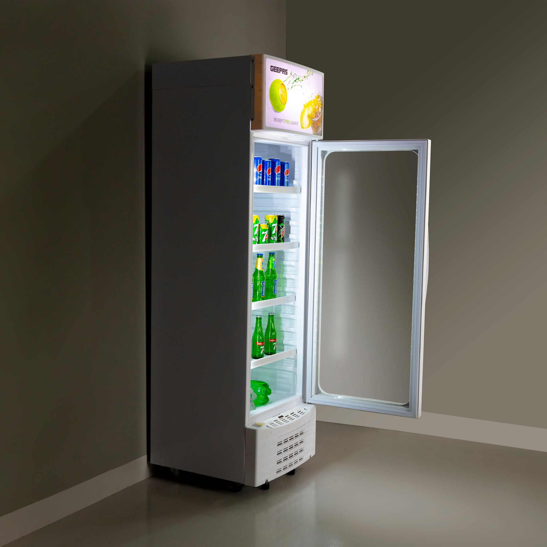 Upright Showcase Refrigerator with Adjustable Thermostat, Bottle Cooler, LED Lighting, Ideal for Beer, Wine & Drinks, Low Energy Compressor Fan 280 L 150 W GSC2807WRE White