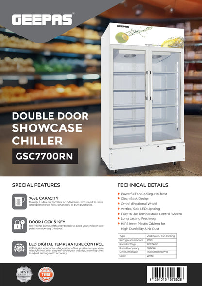 768L Double Door Showcase Chiller | No-Frost Fan Cooling Beverage & Pastry Display Refrigerator | Low Noise & Voltage, Digital Control, White (2-Year Warranty) 768 L 450 W GSC7700RN White