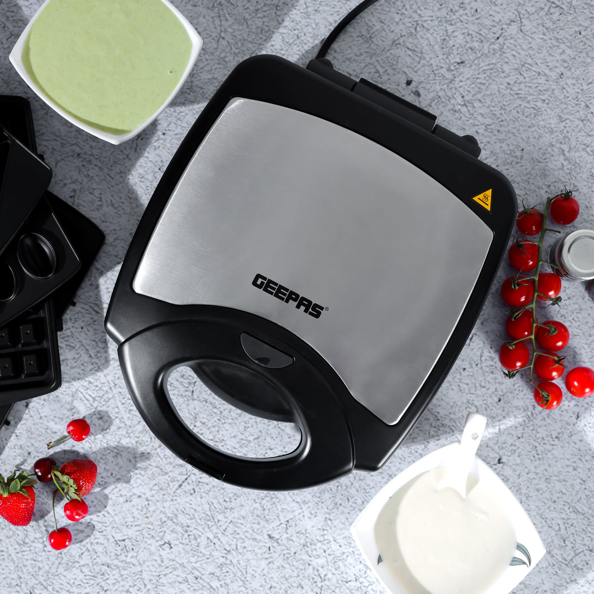 Geepas 6 in 1 Multi Snacks Maker- GSM36528| Sandwich Maker, Grill| Waffle Maker, Samosa Maker, Donut Maker, Nut Plate| Non-Stick| 1400W| Detachable Multi-Plate| Black and Silver| 2 Year Warranty