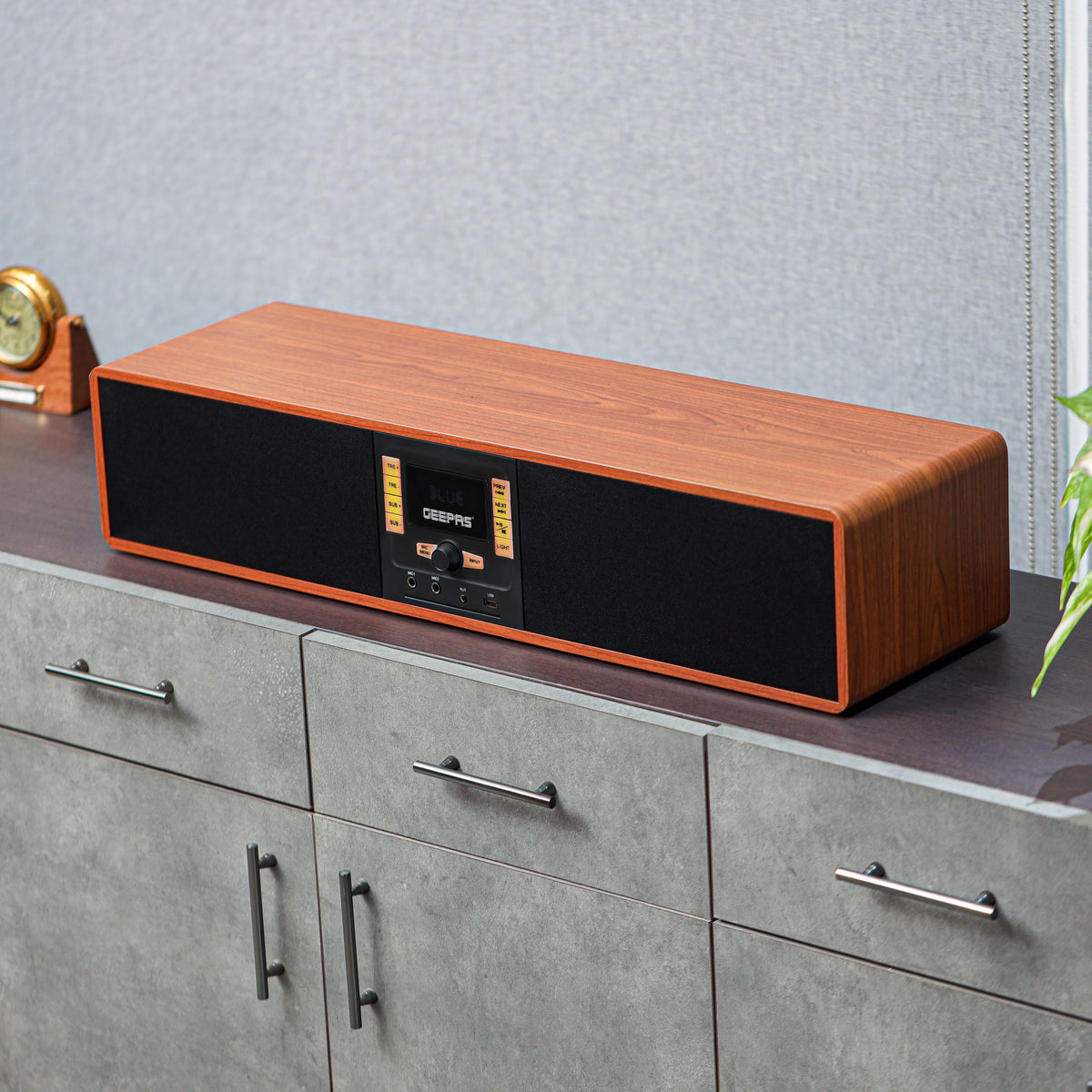 Geepas Wireless Sound Bar Speaker- GSRB150WD/ Bluetooth, AUX IN, USB, Dual MIC Input and FM Radio, with Remote Control and LED Display/ 180W, Perfect for Home Theatre, TV Shows, Games, Movies, Music/ Brown, Wooden Finish, 2 Years Warranty
