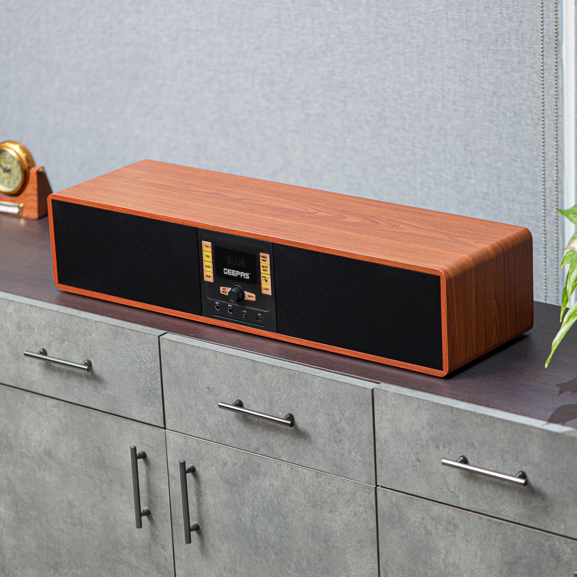 Geepas Wireless Sound Bar Speaker- GSRB150WD/ Bluetooth, AUX IN, USB, Dual MIC Input and FM Radio, with Remote Control and LED Display/ 180W, Perfect for Home Theatre, TV Shows, Games, Movies, Music/ Brown, Wooden Finish, 2 Years Warranty