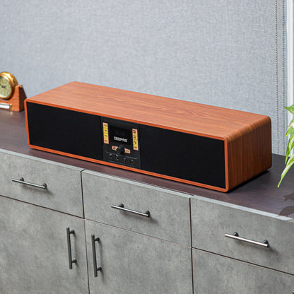 Geepas Wireless Sound Bar Speaker- GSRB150WD/ Bluetooth, AUX IN, USB, Dual MIC Input and FM Radio, with Remote Control and LED Display/ 180W, Perfect for Home Theatre, TV Shows, Games, Movies, Music/ Brown, Wooden Finish, 2 Years Warranty