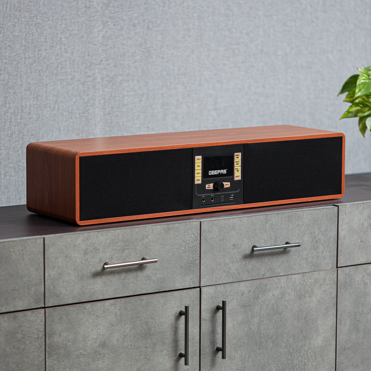 Geepas Wireless Sound Bar Speaker- GSRB150WD/ Bluetooth, AUX IN, USB, Dual MIC Input and FM Radio, with Remote Control and LED Display/ 180W, Perfect for Home Theatre, TV Shows, Games, Movies, Music/ Brown, Wooden Finish, 2 Years Warranty