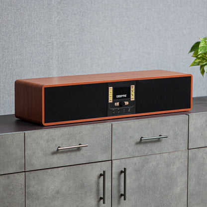 Geepas Wireless Sound Bar Speaker- GSRB150WD/ Bluetooth, AUX IN, USB, Dual MIC Input and FM Radio, with Remote Control and LED Display/ 180W, Perfect for Home Theatre, TV Shows, Games, Movies, Music/ Brown, Wooden Finish, 2 Years Warranty
