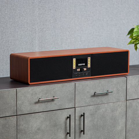 Geepas Wireless Sound Bar Speaker- GSRB150WD/ Bluetooth, AUX IN, USB, Dual MIC Input and FM Radio, with Remote Control and LED Display/ 180W, Perfect for Home Theatre, TV Shows, Games, Movies, Music/ Brown, Wooden Finish, 2 Years Warranty