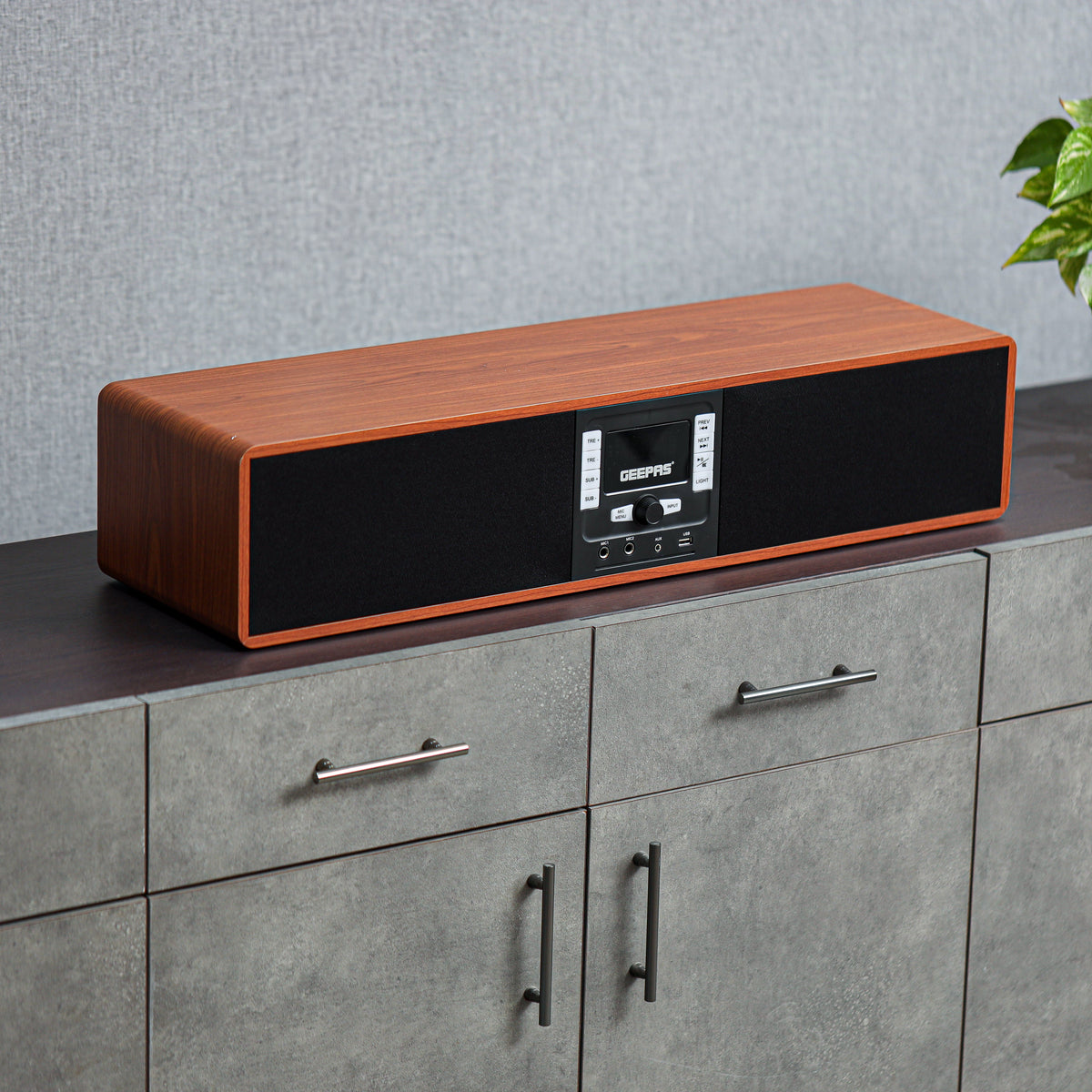 Geepas Wireless Sound Bar Speaker- GSRB150WD/ Bluetooth, AUX IN, USB, Dual MIC Input and FM Radio, with Remote Control and LED Display/ 180W, Perfect for Home Theatre, TV Shows, Games, Movies, Music/ Brown, Wooden Finish, 2 Years Warranty