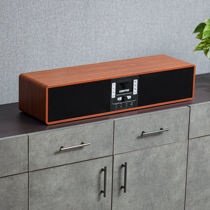 Geepas Wireless Sound Bar Speaker- GSRB150WD/ Bluetooth, AUX IN, USB, Dual MIC Input and FM Radio, with Remote Control and LED Display/ 180W, Perfect for Home Theatre, TV Shows, Games, Movies, Music/ Brown, Wooden Finish, 2 Years Warranty