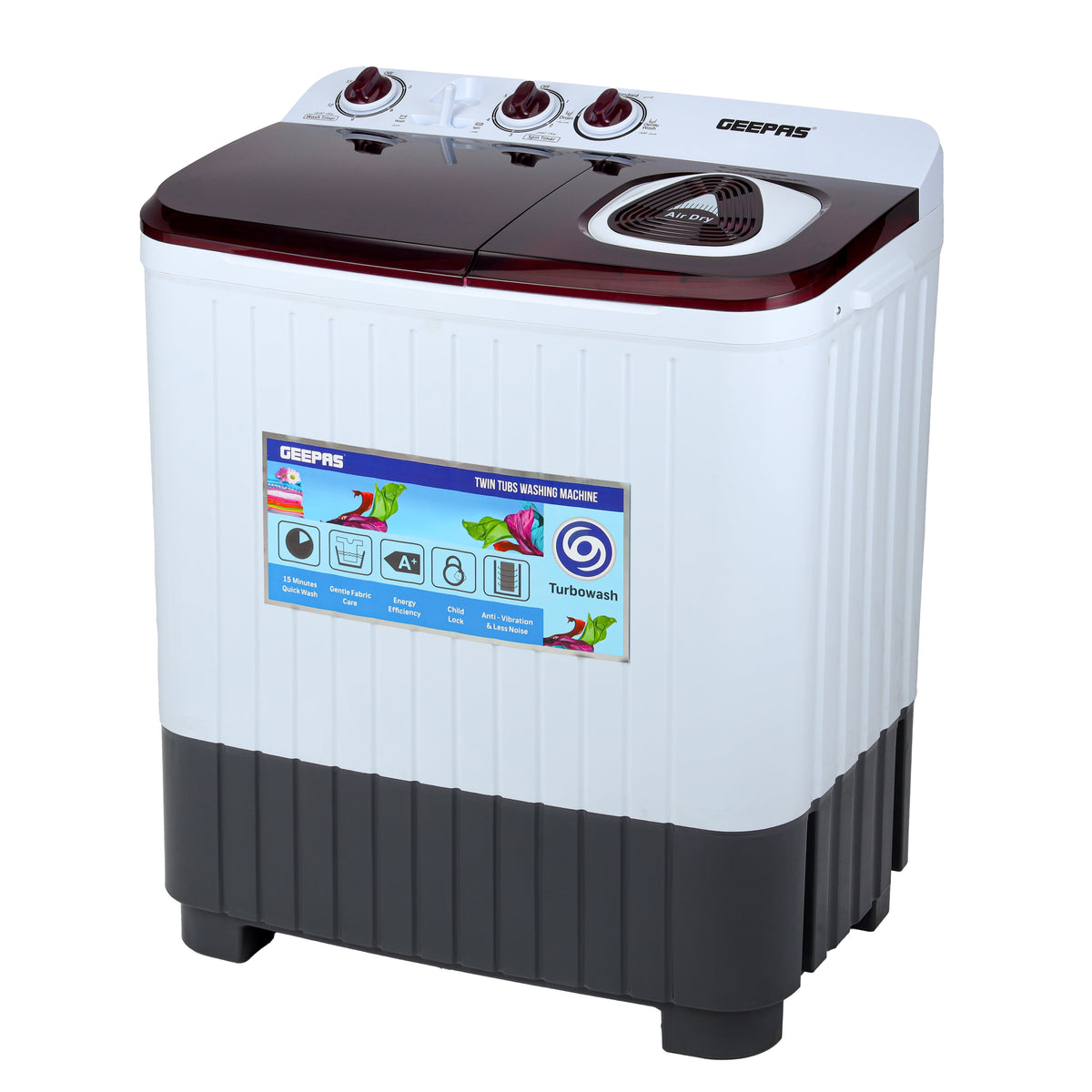 Geepas 7kg Twin Tub Semi-Automatic Washing Machine GSWM18046 – 5kg Spin, Air Spin Function, Strong Pulsator, White