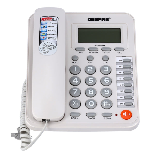 Geepas Executive Telephone GTP7220, Corded Landline with Caller ID, 16Digit LCD & HandsFree Speaker. Features 50 incoming/15 outgoing call memory, 16 ringtones, auto redial, alarms, and thunder-proof protection for reliable office or home use(NF)