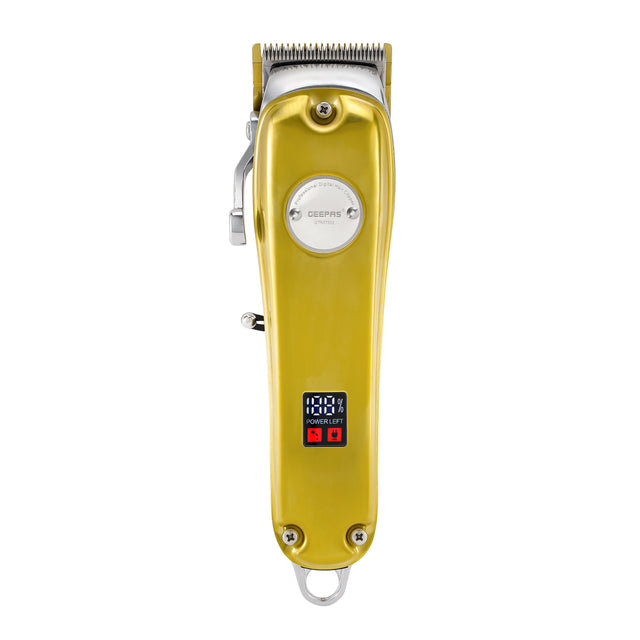 Professional Digital Hair Clipper – Rechargeable Li-Ion Battery, LCD Display, 4 Adjustable Cutting Blades, 4 Guide Combs, Cordless & Corded Use, Gold