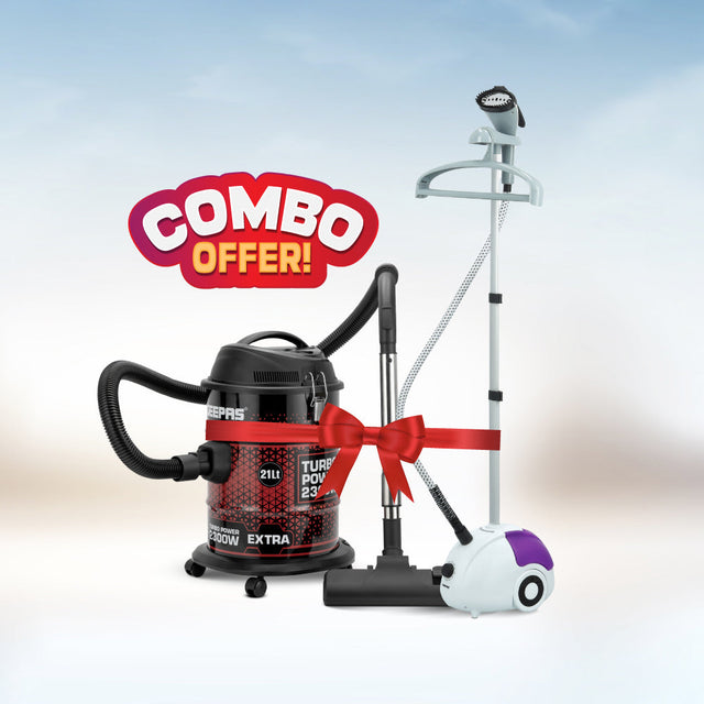 Geepas Home Cleaning Combo | 2400W Drum Vacuum Cleaner 21L (GVC19018) + 2000W Vertical Garment Steamer 1.8L (GGS25022N) | 2 Years Warranty