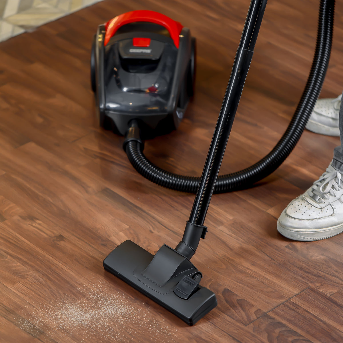 Cyclonic Vacuum Cleaner 1.5L Dust Bag Capacity, Lower Noise Design, Flexible Hose With handle Airflow Control, Pedal On/Off Switch, Automatic Cord Rewinder Function, Hepa Filtration System 1400 W GVC19024 Red Black