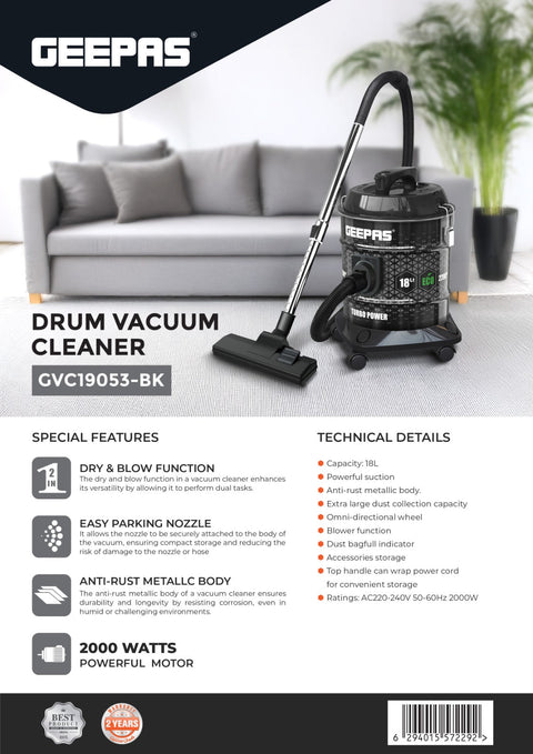 Drum Vacuum Cleaner- 18 L Dust Bag Capacity with Elegant Anti-Rust Metalic Body 18 L 2000 W GVC19053-BK Black