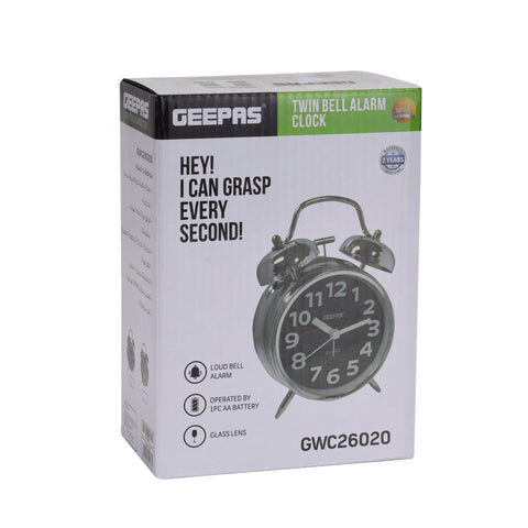 Geepas GWC26020 Twin Bell Alarm Clock with Glass Lens, Chrome Silver