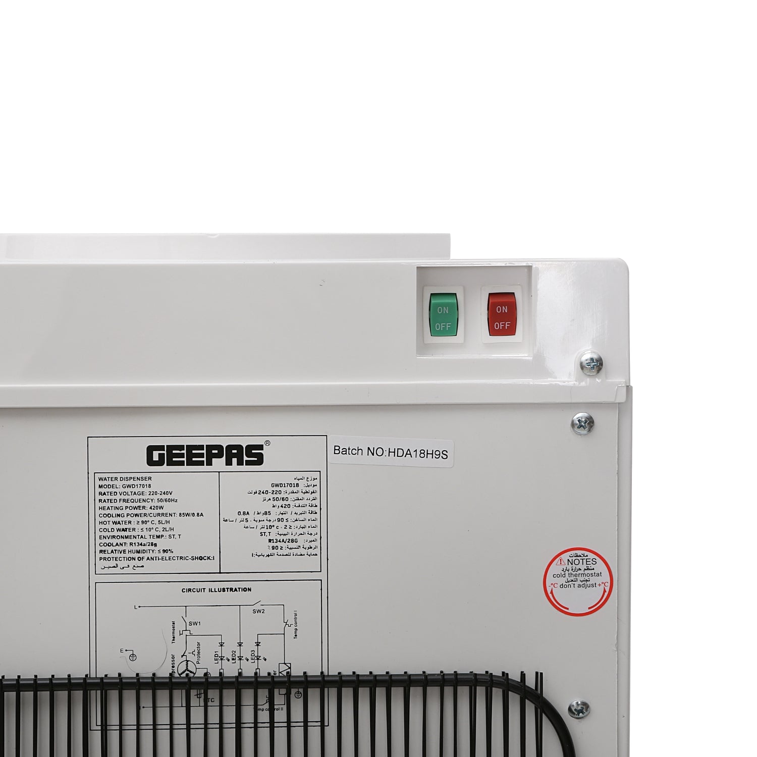 Geepas GWD17018 Hot & Cold Water Dispenser with Stainless Steel Water Tank | 3 Tap Hot Normal Cold System | Fast Cooling Compressor & Built-In Storage Cabinet | Eco-friendly