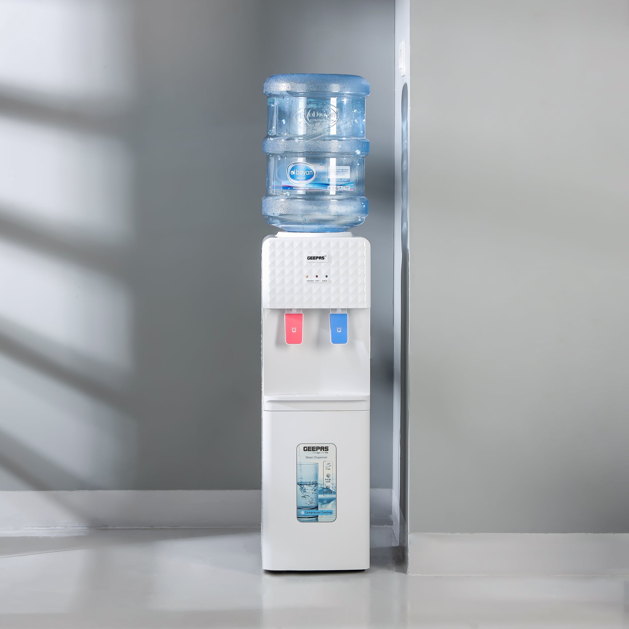 Portable Water Dispenser with 3 Taps - Hot, Cold & Normal Function | 2.8L Hot / 1.0L Cold Stainless Steel Tank | Energy Efficient Water Cooler for Home, Office & School - White, 2 Year Warranty GWD8326 White