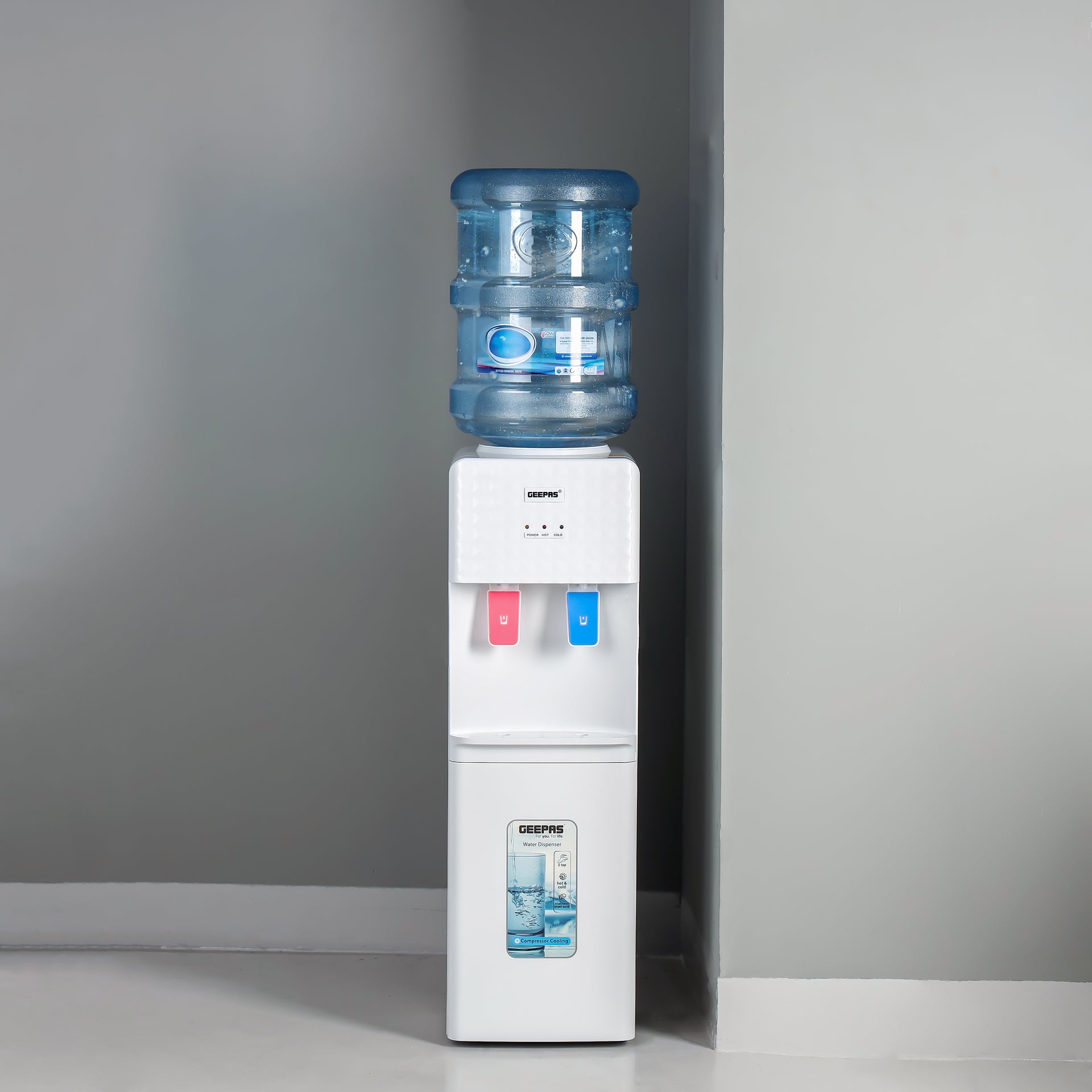 Portable Water Dispenser with 3 Taps - Hot, Cold & Normal Function | 2.8L Hot / 1.0L Cold Stainless Steel Tank | Energy Efficient Water Cooler for Home, Office & School - White, 2 Year Warranty GWD8326 White