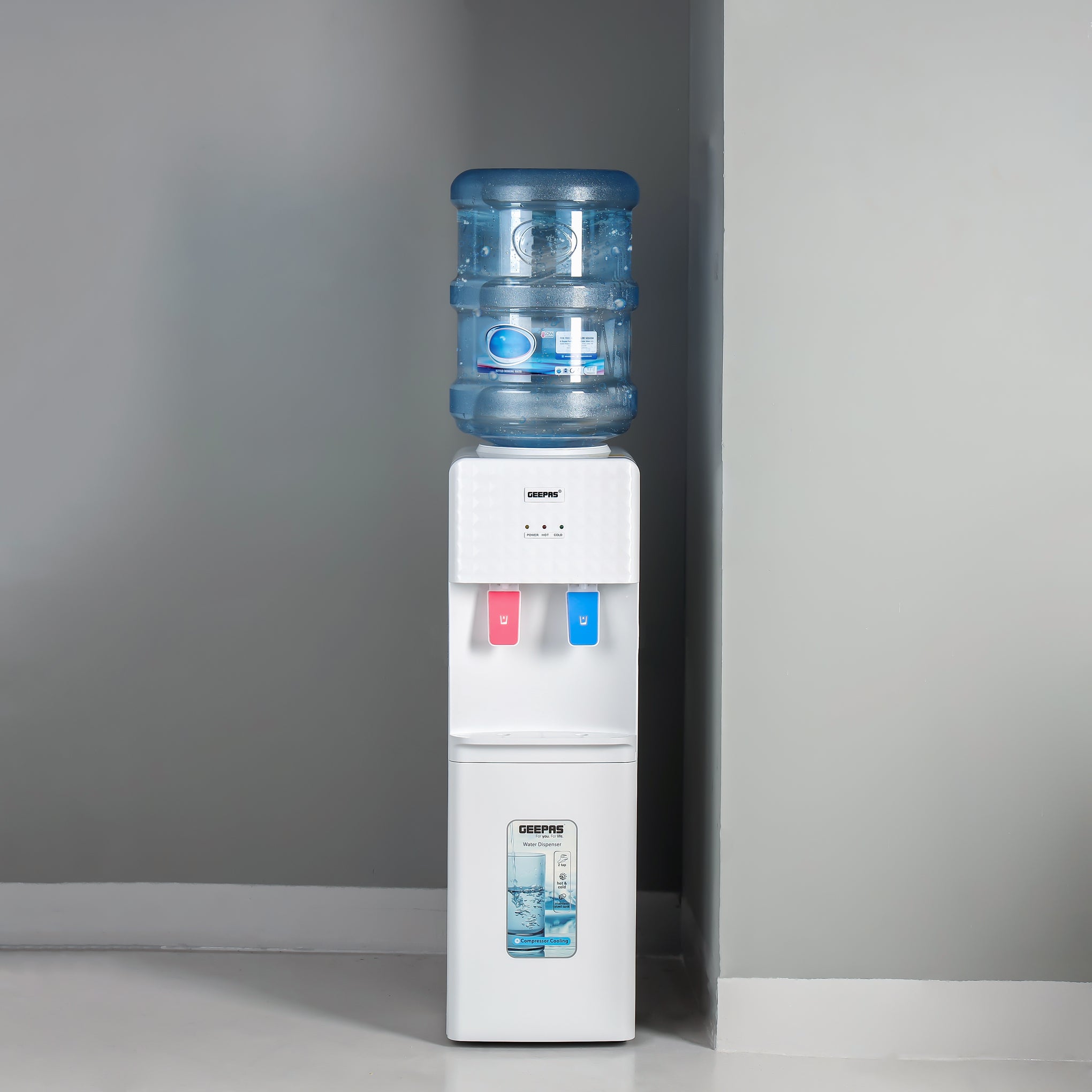 Portable Water Dispenser with 3 Taps - Hot, Cold & Normal Function | 2.8L Hot / 1.0L Cold Stainless Steel Tank | Energy Efficient Water Cooler for Home, Office & School - White, 2 Year Warranty GWD8326 White