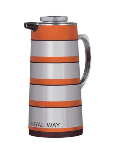 Royalford RF9590 1.9L Double Wall Golden Figured Vacuum Flask - Portable Heat Insulated Thermos Hot/Cold Long Hours Retention | Push Button | Coffee, Hot Water, Tea, Beverage | Ideal for Commercial & Outings Silver/Orange