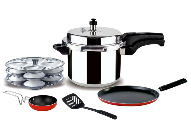 5-in-1 Aluminium Pressure Cooker Combo Pack 5L – Includes Dosa Tawa, Idly Stand, Vagaria & Nylon Slotted Turner – Premium Quality, Uniform Heating, Energy & Time Saving Multicolour 5Liters