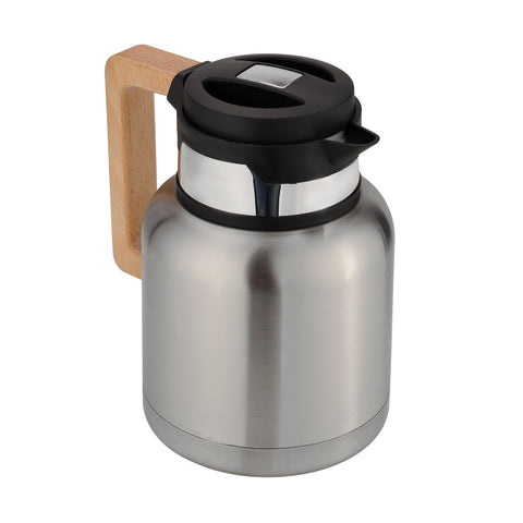 Royalford Stainless Steel Vacuum Jug with Wooden Handle, 1L | RF10169 | Thermal Insulated Airpot | Keep Drinks Hot & Cold up to Hours | Portable & Leak Proof Thermal Flask Silver